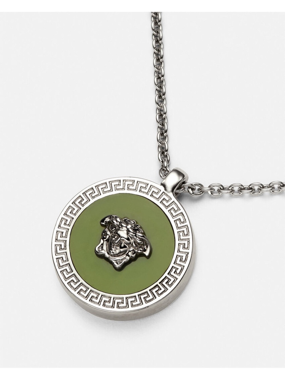 Versace Medusa Round Pendant Necklace in Olive Green and Silver